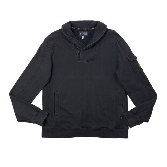 Armani Jeans Sweatshirt Mens L Large Black Cotton Shawl Collar Fleece Pullover - Picture 1 of 11
